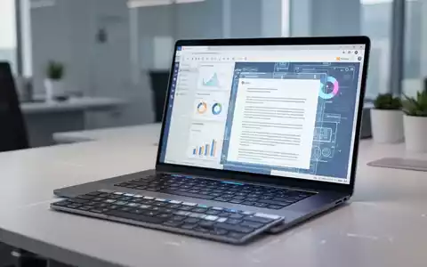 Moderner Büroschreibtisch mit Laptop, der professionelle webbasierte Dokument- und Tabellenansicht zeigt. - Foto: über boerse-global.de