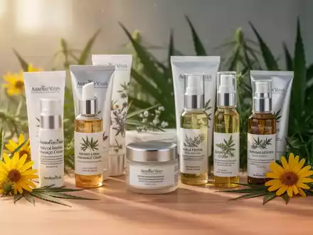 Verschiedene pflanzliche Massagecremes und Öle auf einer Holzoberfläche mit Arnika-Blüten und Hanfblättern. - Foto: über boerse-global.de