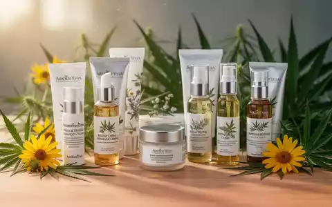 Verschiedene pflanzliche Massagecremes und Öle auf einer Holzoberfläche mit Arnika-Blüten und Hanfblättern. - Foto: über boerse-global.de