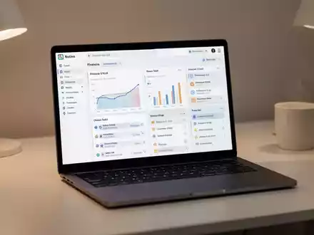 Schlankes Laptop mit organisiertem Notion-Dashboard und Produktivitäts- sowie Finanzvorlagen in einem modernen Arbeitsbereich. - Foto: über boerse-global.de