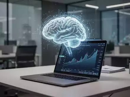 Ein moderner Büroarbeitsplatz mit einem digitalen Hologramm über einem Laptop, das den technologischen Wandel symbolisiert. - Foto: über boerse-global.de