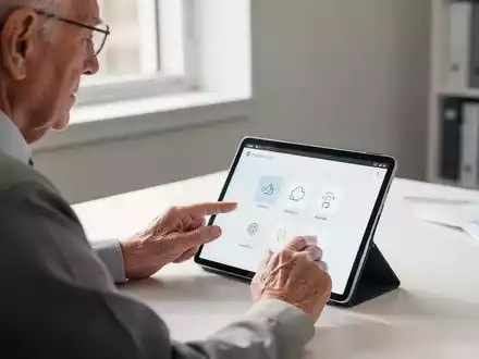 Eine ältere Person nutzt konzentriert ein Tablet an einem hellen Schreibtisch. - Foto: über boerse-global.de