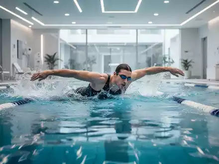 Eine Person führt kontrollierte Schwimmübungen in einem hellen Hallenbad zur rehabilitativen Schmerztherapie durch. - Foto: über boerse-global.de