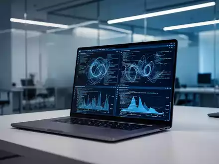 Ein moderner, minimalistischer Arbeitsplatz mit einem Laptop, der komplexe Daten und Code-Strukturen anzeigt. - Foto: über boerse-global.de