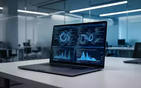 Ein moderner, minimalistischer Arbeitsplatz mit einem Laptop, der komplexe Daten und Code-Strukturen anzeigt. - Foto: über boerse-global.de