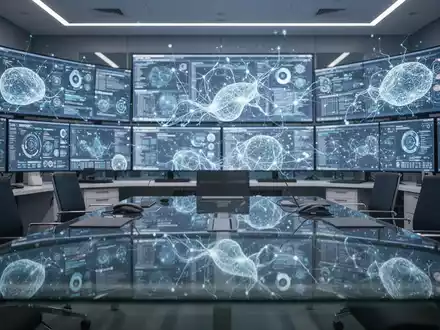 Moderne Sicherheitszentrale mit leuchtenden Datenvisualisierungen auf Bildschirmen, die eine KI-gestützte IT-Sicherheit symbolisieren. - Foto: über boerse-global.de