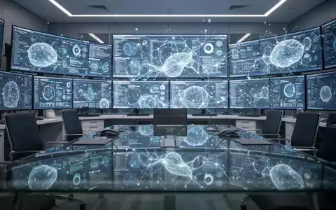 Moderne Sicherheitszentrale mit leuchtenden Datenvisualisierungen auf Bildschirmen, die eine KI-gestützte IT-Sicherheit symbolisieren. - Foto: über boerse-global.de