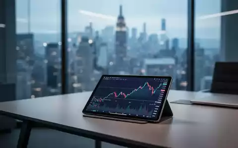 Ein Tablet zeigt einen leicht fallenden Aktienkurs vor einem unscharfen Hintergrund eines modernen Finanzbüros. - Foto: über boerse-global.de