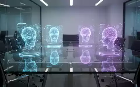 Holographic interfaces on a conference table representing different AI language models in a professional office setting. - Foto: über boerse-global.de
