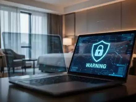 Laptop in einem Hotelzimmer mit einem Warnsymbol auf dem Bildschirm als Symbol für Phishing-Gefahren bei Reisen. - Foto: über boerse-global.de