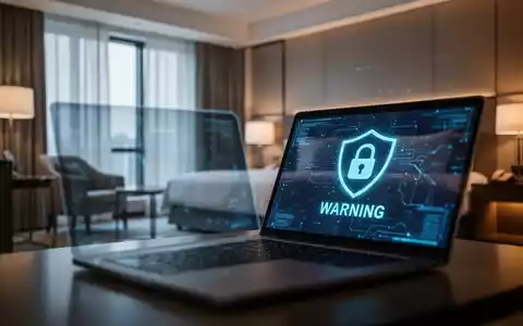 Laptop in einem Hotelzimmer mit einem Warnsymbol auf dem Bildschirm als Symbol für Phishing-Gefahren bei Reisen. - Foto: über boerse-global.de