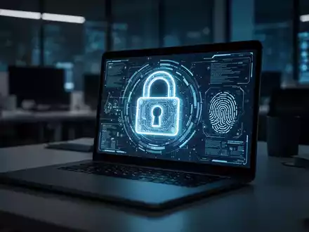 Ein leuchtendes digitales Schloss auf einem Laptop-Bildschirm in einer modernen, düsteren Cybersecurity-Umgebung. - Foto: über boerse-global.de