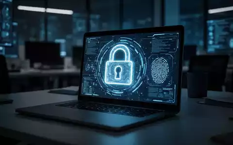 Ein leuchtendes digitales Schloss auf einem Laptop-Bildschirm in einer modernen, düsteren Cybersecurity-Umgebung. - Foto: über boerse-global.de