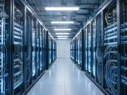 Reihen glühender High-Tech-Serverracks in einer modernen, weitläufigen Rechenzentrumsanlage. - Foto: über boerse-global.de