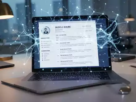 Ein moderner Arbeitsplatz mit einem Laptop, auf dem ein strukturierter Lebenslauf und abstrakte KI-Grafiken zu sehen sind. - Foto: über boerse-global.de