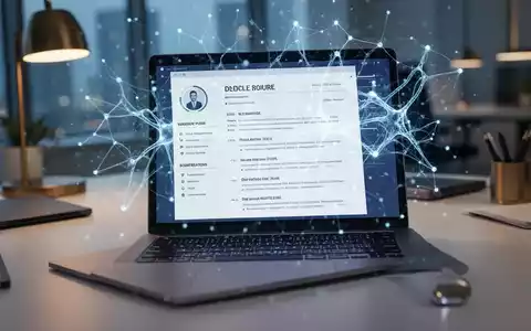 Ein moderner Arbeitsplatz mit einem Laptop, auf dem ein strukturierter Lebenslauf und abstrakte KI-Grafiken zu sehen sind. - Foto: über boerse-global.de