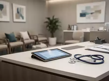 Ein aufgeräumter Schreibtisch in einer Arztpraxis mit einem Stethoskop und einem Tablet als Symbol für die Attestpflicht. - Foto: über boerse-global.de