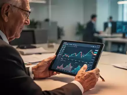 Ein älterer Mensch arbeitet an einem Tablet in einer professionellen Büroumgebung mit Finanzgrafiken im Hintergrund. - Foto: über boerse-global.de