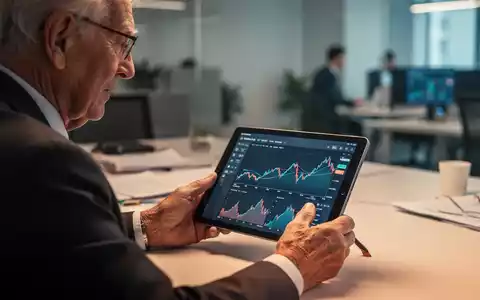 Ein älterer Mensch arbeitet an einem Tablet in einer professionellen Büroumgebung mit Finanzgrafiken im Hintergrund. - Foto: über boerse-global.de