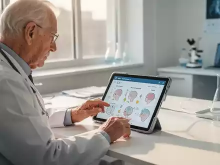 Eine ältere Person konzentriert sich bei einer kognitiven Übung an einem Tablet in heller, freundlicher Umgebung. - Foto: über boerse-global.de