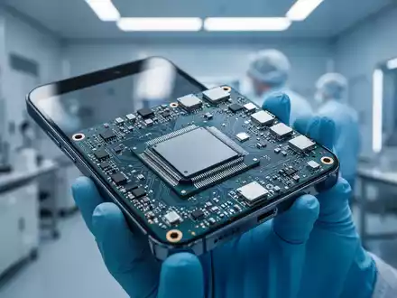 Nahaufnahme einer Smartphone-Platine mit einem modernen Prozessorchip in einem Halbleiterlabor. - Foto: über boerse-global.de