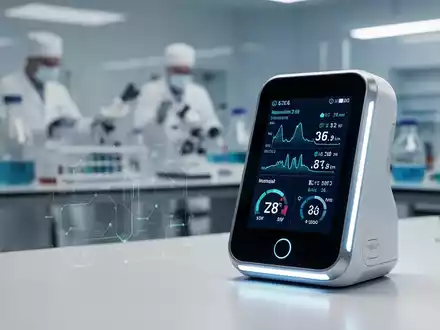 Modernes digitales Messgerät für Gesundheitsdaten neben einer unscharfen medizinischen Laborumgebung - Foto: über boerse-global.de