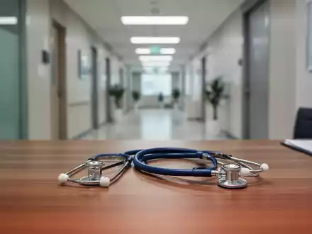 Ein Stethoskop auf einem Schreibtisch in einer modernen medizinischen Praxis mit unscharfem Klinikflur im Hintergrund. - Foto: über boerse-global.de