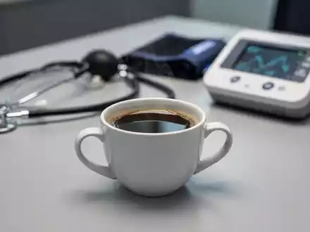 Eine Tasse schwarzer Kaffee neben einem Stethoskop und einem Blutdruckmessgerät auf einem Schreibtisch. - Foto: über boerse-global.de