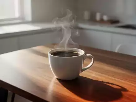 Eine dampfende Tasse schwarzer Kaffee auf einem modernen Holztisch in hellem, natürlichem Licht. - Foto: über boerse-global.de