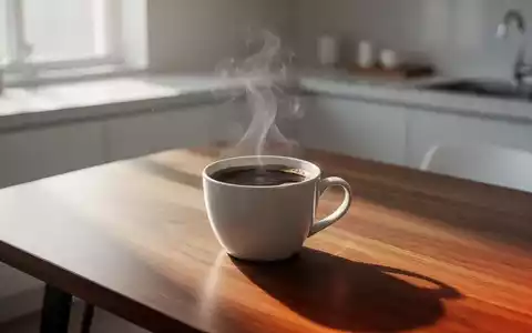 Eine dampfende Tasse schwarzer Kaffee auf einem modernen Holztisch in hellem, natürlichem Licht. - Foto: über boerse-global.de
