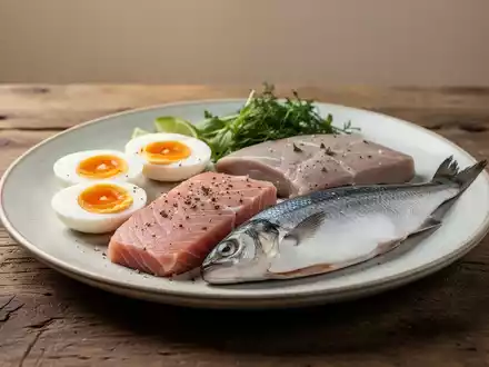 Ein Teller mit nährstoffreichen, Vitamin-B12-haltigen Lebensmitteln wie Eiern und Fisch auf einem Holztisch. - Foto: über boerse-global.de