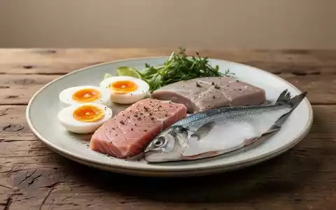 Ein Teller mit nährstoffreichen, Vitamin-B12-haltigen Lebensmitteln wie Eiern und Fisch auf einem Holztisch. - Foto: über boerse-global.de