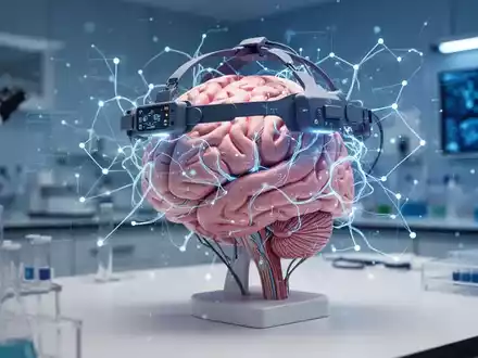 Modernes medizinisches Labor mit einer EEG-Haube auf einem Gehirnmodell und digital visualisierten neuronalen Netzwerken. - Foto: über boerse-global.de