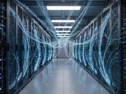 Reihen leistungsstarker Server-Racks in einem modernen Rechenzentrum mit blauen Leuchten. - Foto: über boerse-global.de