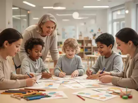 Drei Personen arbeiten in einem modernen, freundlichen Kindertagesstätten-Umfeld an pädagogischen Materialien. - Foto: über boerse-global.de