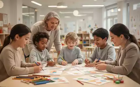 Drei Personen arbeiten in einem modernen, freundlichen Kindertagesstätten-Umfeld an pädagogischen Materialien. - Foto: über boerse-global.de