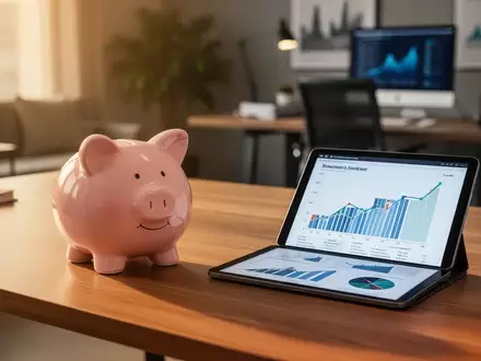 Ein Sparschwein auf einem Schreibtisch neben einem Tablet mit Finanzdiagrammen als Symbol für langfristige Altersvorsorge. - Foto: über boerse-global.de