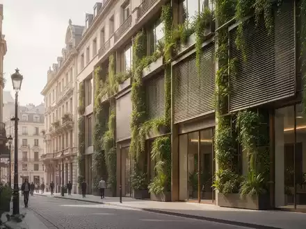 Moderne Architektur mit außenliegendem Sonnenschutz und Fassadenbegrünung in einem urbanen Umfeld. - Foto: über boerse-global.de