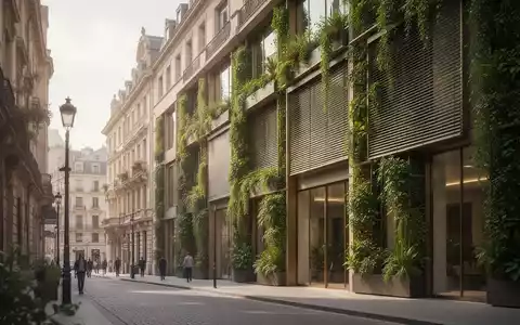 Moderne Architektur mit außenliegendem Sonnenschutz und Fassadenbegrünung in einem urbanen Umfeld. - Foto: über boerse-global.de