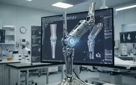 Nahaufnahme einer modernen Prothesen-Komponente in einem Labor mit digitaler Planungssoftware auf einem Bildschirm. - Foto: über boerse-global.de