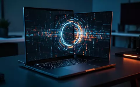 Ein Laptop-Bildschirm mit abstraktem Programmcode und binären Mustern in einem dunklen, professionellen Büro-Setting. - Foto: über boerse-global.de