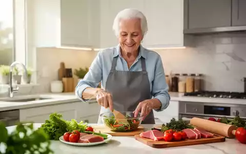 Eine ältere Person bereitet in einer hellen, modernen Küche eine proteinreiche Mahlzeit zu. - Foto: über boerse-global.de