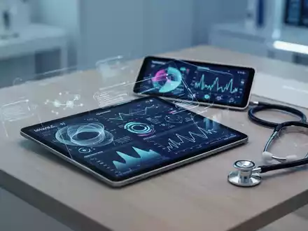 Ein Tablet mit medizinischen Gesundheitsdaten und ein Stethoskop auf einem Schreibtisch als Symbol für KI-Gesundheitsanalyse. - Foto: über boerse-global.de