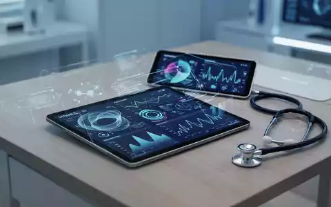 Ein Tablet mit medizinischen Gesundheitsdaten und ein Stethoskop auf einem Schreibtisch als Symbol für KI-Gesundheitsanalyse. - Foto: über boerse-global.de