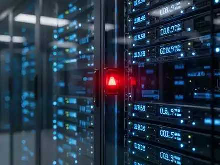 Modernes Serverraum-Ambiente mit blau leuchtenden LEDs und einem auffälligen roten Warnlicht als Symbol für Systemstörungen. - Foto: über boerse-global.de