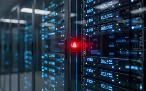 Modernes Serverraum-Ambiente mit blau leuchtenden LEDs und einem auffälligen roten Warnlicht als Symbol für Systemstörungen. - Foto: über boerse-global.de