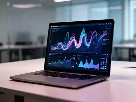 Ein moderner Laptop auf einem minimalistischen Schreibtisch mit abstrakten Leistungsdaten auf dem Bildschirm. - Foto: über boerse-global.de