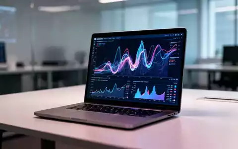 Ein moderner Laptop auf einem minimalistischen Schreibtisch mit abstrakten Leistungsdaten auf dem Bildschirm. - Foto: über boerse-global.de