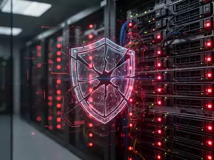 Ein dunkler Serverraum mit glühenden roten Serveranzeigen und einem digitalen Hologramm eines beschädigten Schildes. - Foto: über boerse-global.de