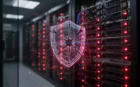 Ein dunkler Serverraum mit glühenden roten Serveranzeigen und einem digitalen Hologramm eines beschädigten Schildes. - Foto: über boerse-global.de